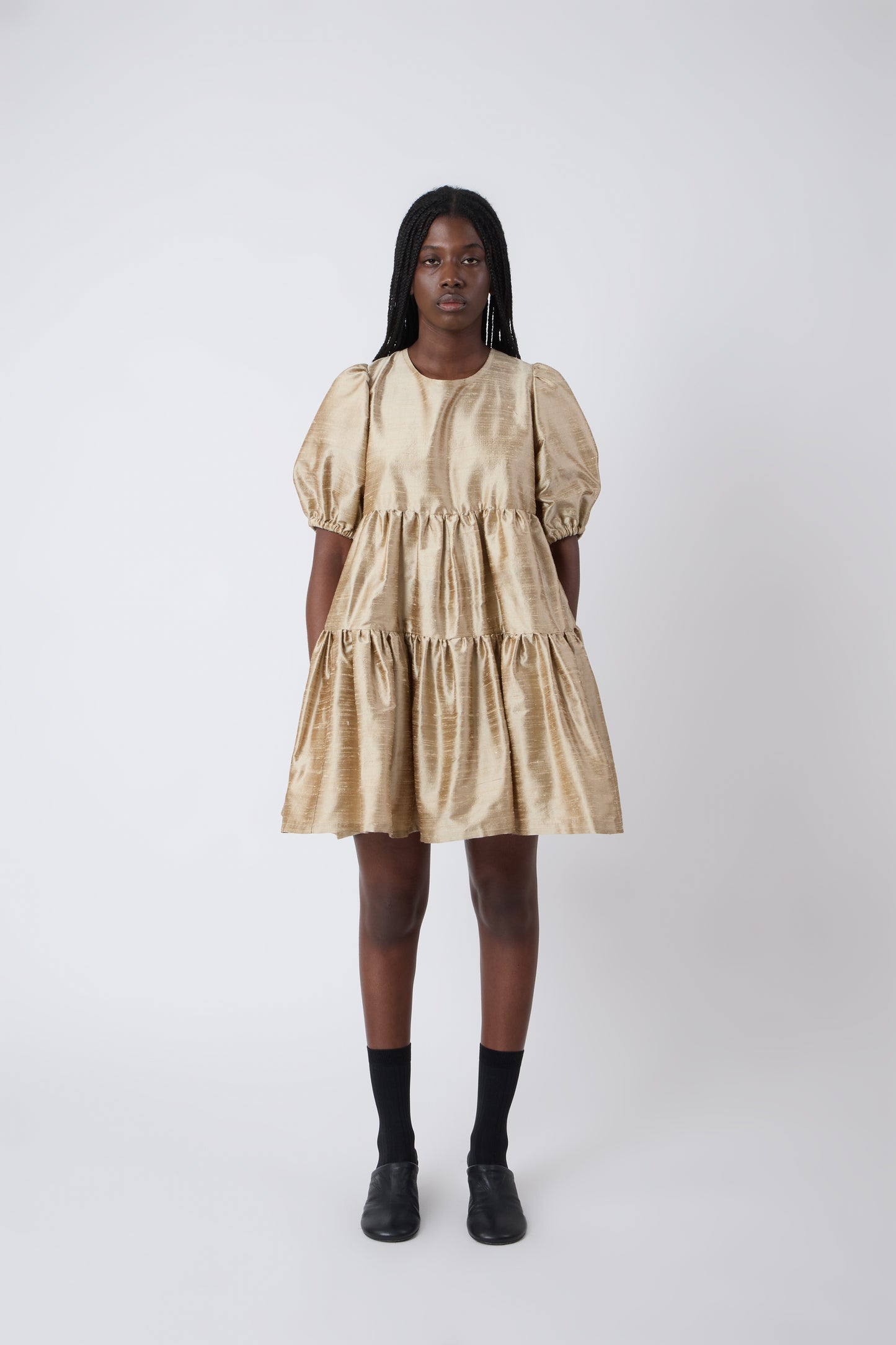 Isabelle Dress in Gold Shantung